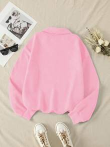 SHEIN Unity 女字母圖案金屬拼布翻領套頭衫 - 粉色 - 查看 2