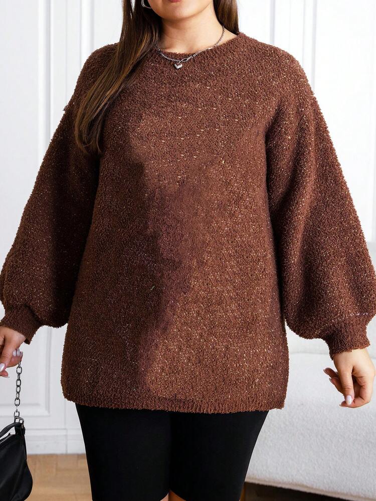 Plus Size Women'S Lantern Sleeve Round Neck Sweater