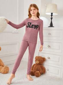 少女簡約風長袖長褲貼身兩件套家居服裝 - 藕粉色 - 查看 5