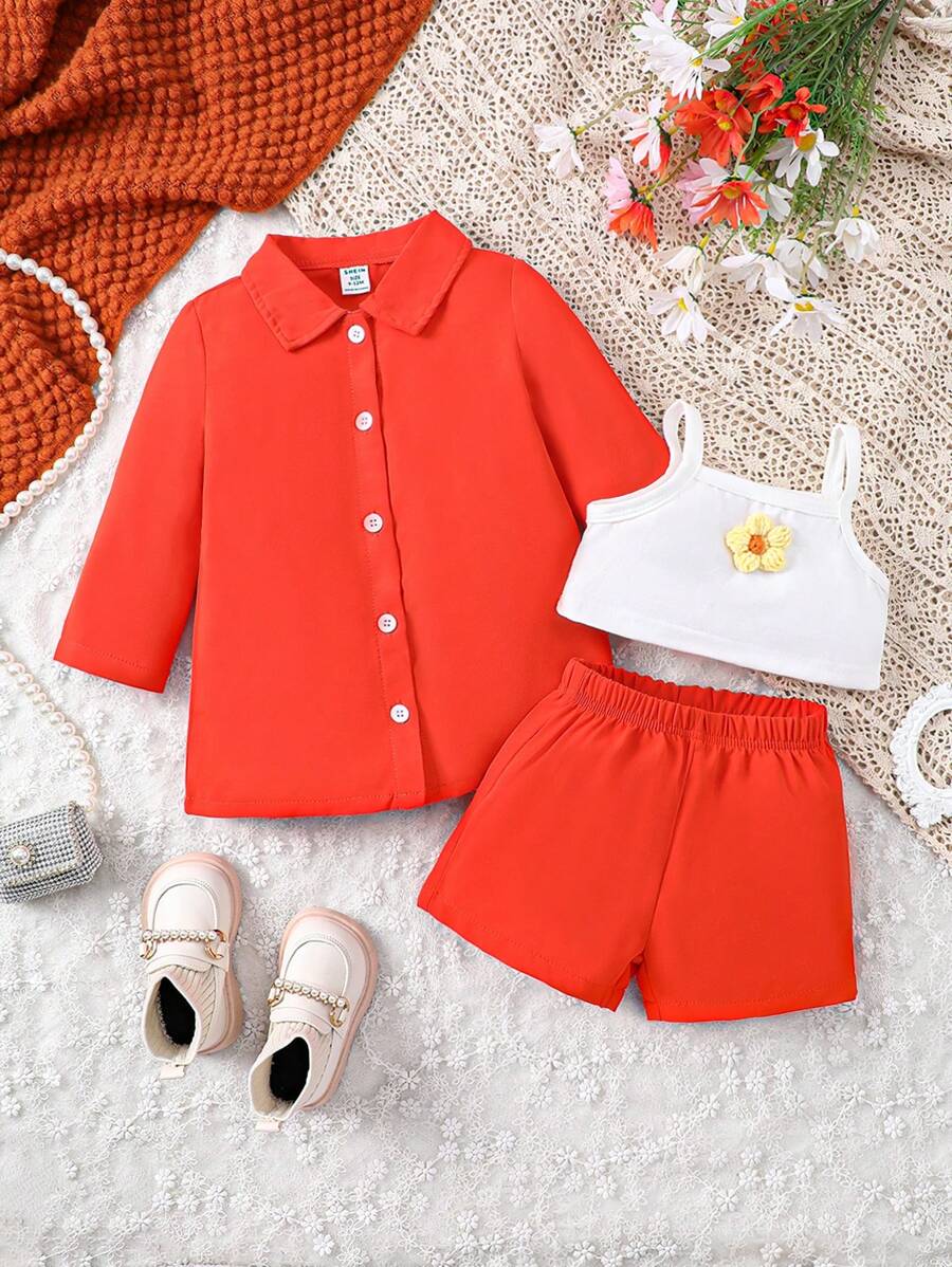 Juego De Ropa Informal De 3 Piezas De Color Sólido Para Niña Bebé - Naranja - Ver 1