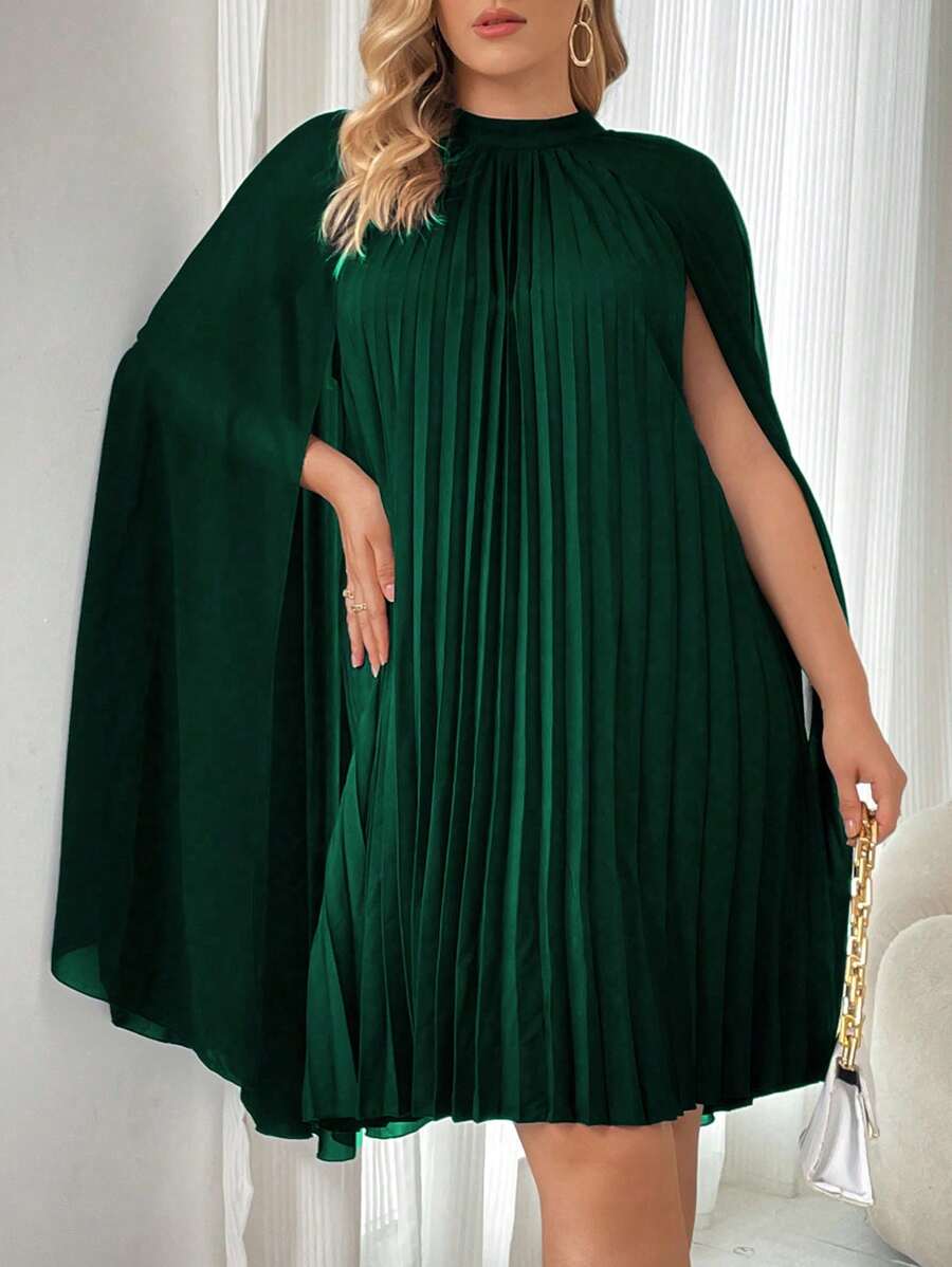 Flirla Plus Size Cape Sleeve Pleated Dress - Dark Green - View 1
