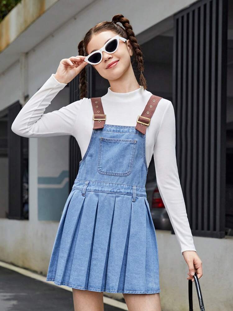 Teen Girls' Casual Denim Overall Dress With Pleated Hem