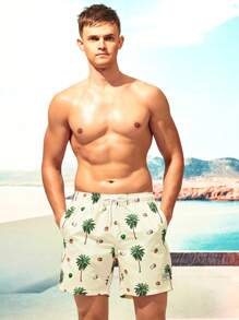 Manfinity Swimmode Men Coconut Tree Print Letter Patch Detail Drawstring Waist Swim Trunks,Hawaiian - Apricot - View 5