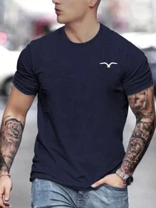 Men's Casual Bird Printed Round Neck Short Sleeve T-Shirt, Summer - Navy Blue - View 5