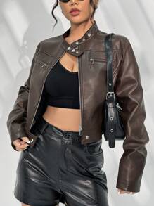 SHEIN Unity 女士立領pu皮夾克 - 棕色 - 查看 1