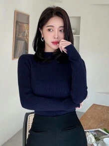 DAZY Women Casual Business Style Solid Color Slim Fit Sweater,Long Sleeve Tops,Fall Clothes - Navy Blue - View 4
