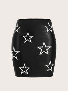 SHEIN ICON 女式星星圖案pu皮裙 - 黑色 - 查看 1