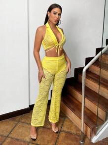 Zolique Women'S Contrast Collar Lace Halter Top And Pants Two Piece Set - Yellow - View 3