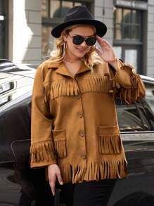 RueChic Plus Fringe Trim Dual Pocket Suedette Jacket - Beige - View 5