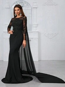 YISIKADO 女式正式晚禮服,帶有網眼、刺繡、印花,長袖和披肩,黑色 - 黑色 - 查看 4