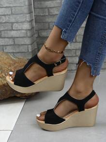 女士大尺碼跨境楔形涼鞋,厚底和腳踝帶 - 黑色 - 查看 4