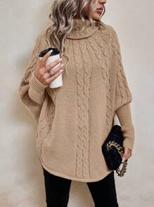 SHEIN LUNE Turtleneck Batwing Sleeve Cable Knit Poncho - Apricot - View 3