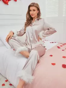Fuzzy Detail Satin Pajama Set, Fall Clothes - Champagne - View 5