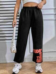 SHEIN Unity Quần nỉ lót nhiệt dành cho nữ có thiết kế in chữ - màu đen - Xem 3