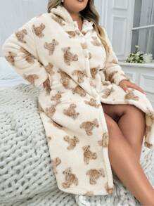 Plus Size Cartoon Teddy Bear Pattern Furry Robe - Beige - View 5