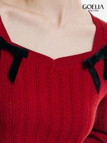 Goelia羊毛混紡女款紅色襯衫,配可拆卸蝴蝶結飾 - 紅色 - 查看 5