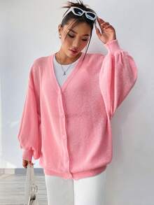 SHEIN Unity 寬鬆休閒燈笼袖針織外套 - 粉色 - 查看 7