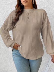 SHEIN Frenchy Plus Mock Neck Drop Shoulder Ribbed Knit Tee - Khaki - View 6
