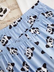 Teenage Girls' Cartoon Panda Printed 3pcs Home Wear Set - Blue and White - View 5