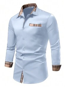 Men's Spring/Autumn Casual Business Contrast Plaid Button Front Long Sleeve Shirt, Fall - Mint Blue - View 3