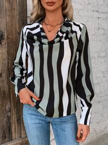 SHEIN LUNE 女用條紋拼色垂領襯衫 - 彩色 - 查看 3