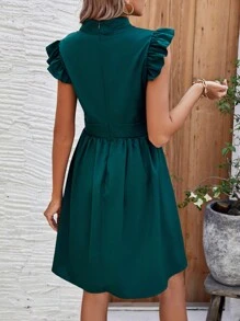 Chiquease Đường viền lỗ khóa Viền Ruffle Váy bodycon - Màu xanh lá cây đậm - Xem 2
