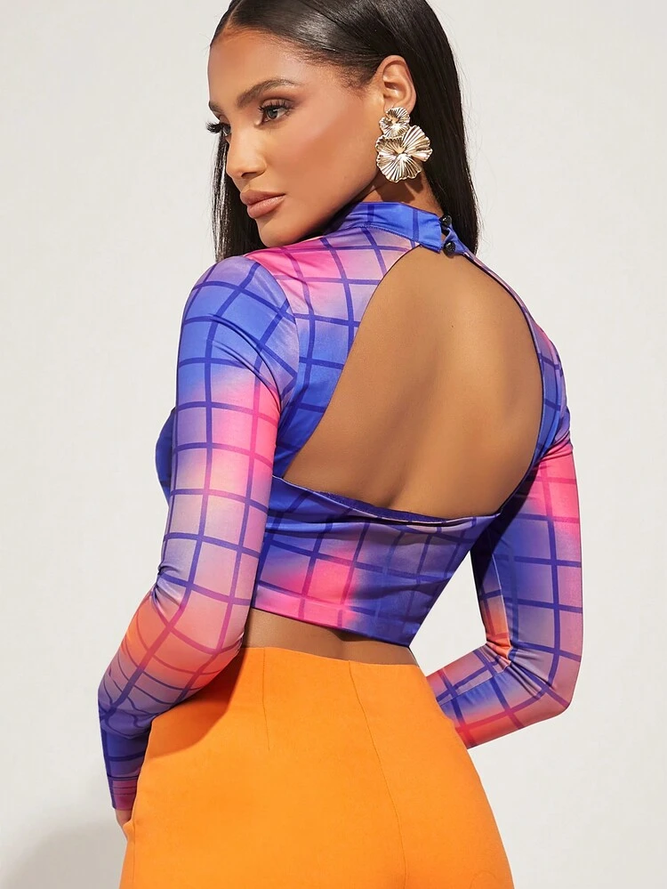 Plaid Face Graphic Cut Out Top