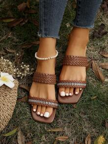 Dép trang trí bằng đá Rhinestone có quai và thiết kế hở mũi, màu nâu - màu nâu - Xem 2