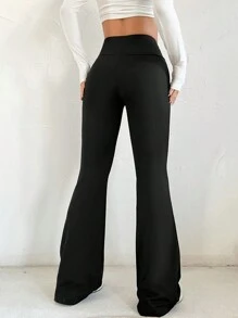 SHEIN EZwear 女士黑色時尚喇叭褲,百搭 - 黑色 - 查看 2