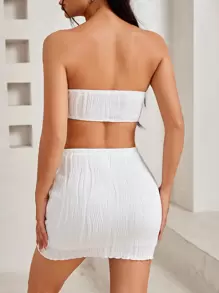 SHEIN PETITE 女士純色質感鈕扣前胸衣+裙子套裝 - 白色 - 查看 2