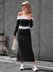 SHEIN Privé 對比修飾長袖t恤和裙子套裝 - 黑與白 - 查看 2