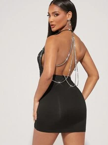 Hauture Rhinestone Draped Backless Halter Dress - Black - View 1