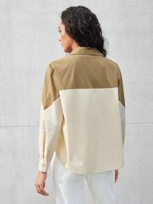 BizChic Của phụ nữ Khối màu Thả vai Áo sơ mi - Màu Khaki - Xem 2