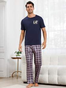 Men'S Slogan Printed Home Wear Top - Navy Blue - View 5