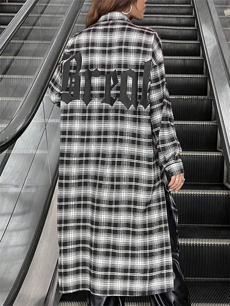 Women's Long Plaid Coat With Letter Printed, Autumn And Winter