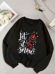 休閒簡約風格圓領毛絨衛衣,印有聖誕雪人和字母圖案 - 黑色 - 查看 1