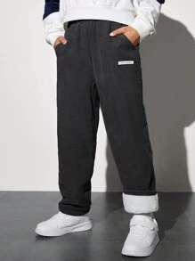 SHEIN 男童休閒舒適的厚厚保暖褲子,帶有英式毛毛內裡 - 深灰色 - 查看 5