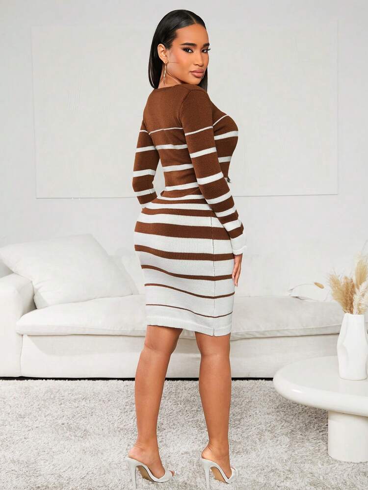 Sweater Gradient Striped Tight-Fitting Long Dress In Brown, Sexy