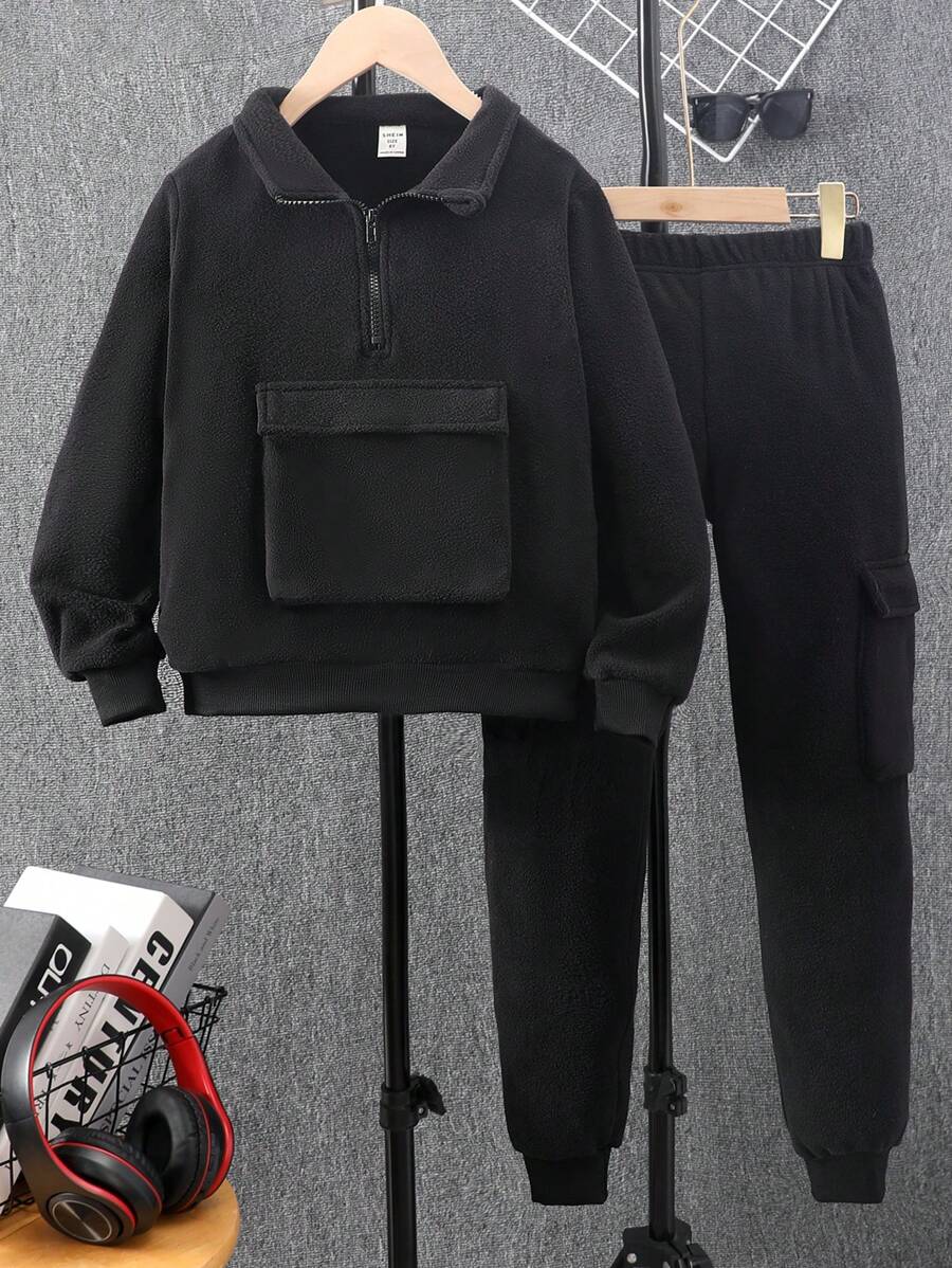 SHEIN Tween Boys' Solid Color Sweatshirt And Pants Tracksuit With Big Pocket For Autumn And Winter - Black - View 1