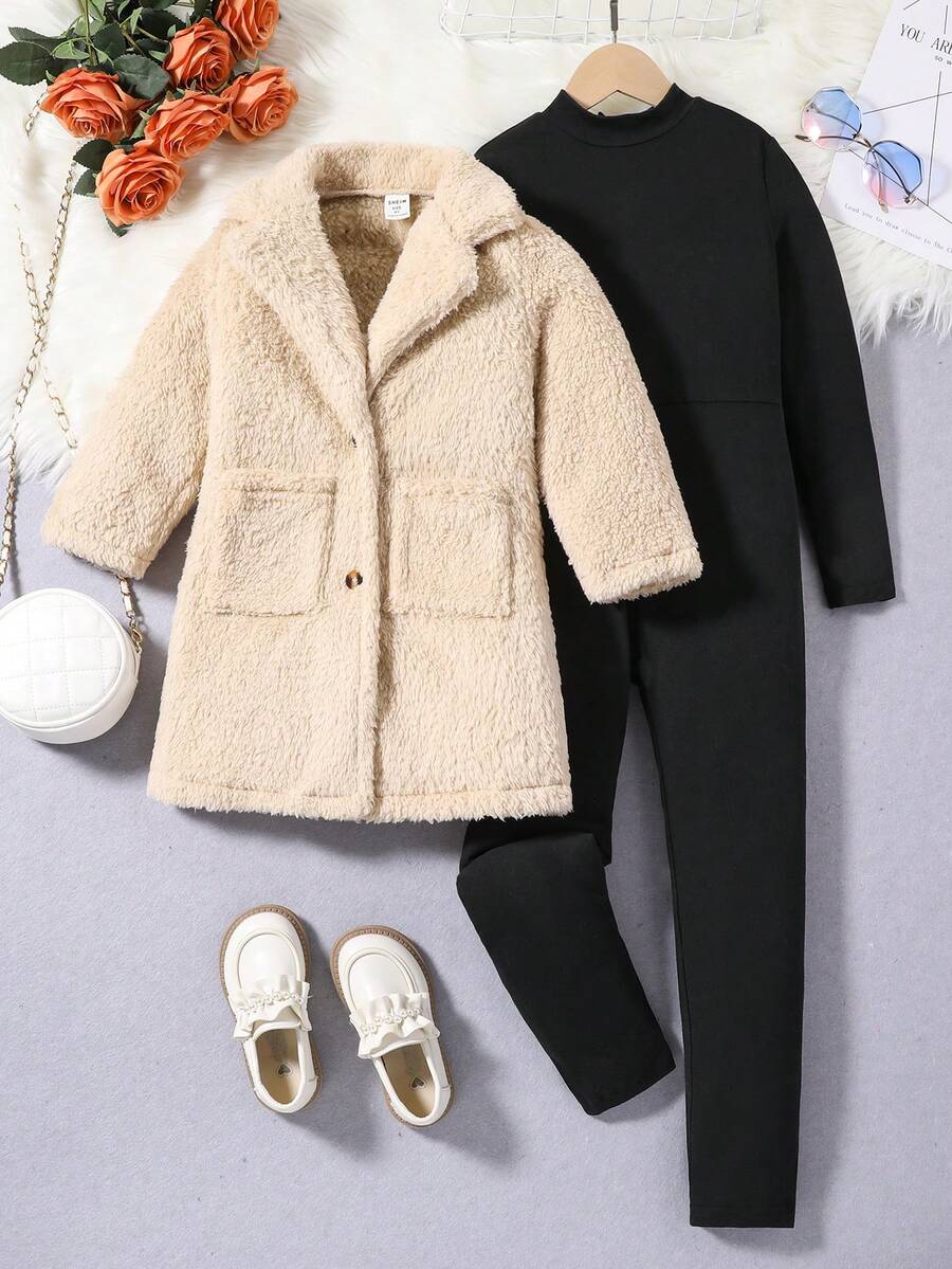 SHEIN Bé gái Lông cừu Áo khoác Teddy Với Giường đôi tiêu chuẩn Vòng cổ Và Giường đôi tiêu chuẩn Túi , Và Tay áo dài Đầm Bộ đồ - Màu be - Xem 1
