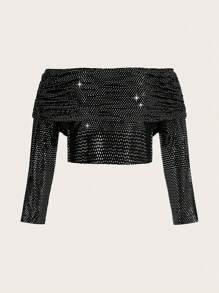 Flirla Kích thước lớn Off Shoulder Ngắn Áo thun - màu đen - Xem 1