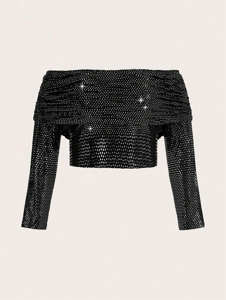 Flirla Kích thước lớn Off Shoulder Ngắn Áo thun - màu đen - Xem 1