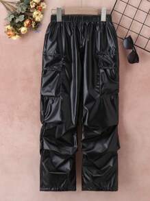 Tween 女孩酷炫閃亮壓褶工裝褲 - 黑色 - 查看 2