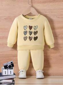 嬰兒女童豹紋心形圖案毛衣和褲子套裝,圓領設計 - 卡其色 - 查看 1