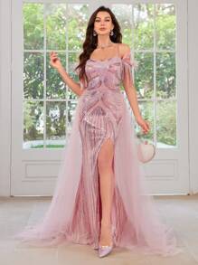Mesh Spliced Sequin High Slit Cami Cocktail Dress - Pink - View 2
