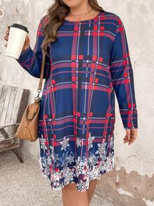 SHEIN LUNE 大尺碼圓領長袖格紋裙 - 藏蓝色 - 查看 5