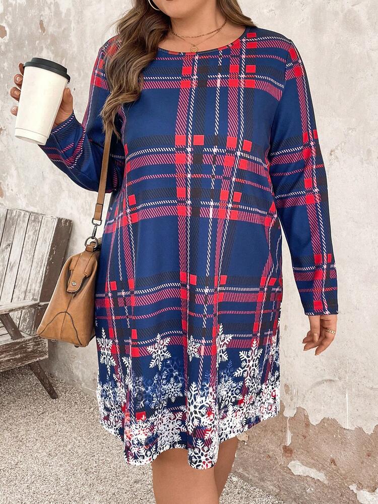 Plus Size Round Neck Long Sleeve Plaid Dress