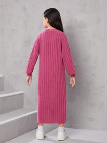 SHEIN Leap Crew Tween Girls' Loose Round Neck Sweater Dress With Side Slit & Drop Shoulder Design - Hot Pink - View 2