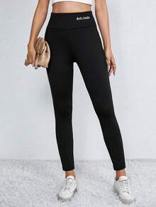 SHEIN Essnce 字母圖案加絨內裏緊身打底褲 - 黑色 - 查看 5