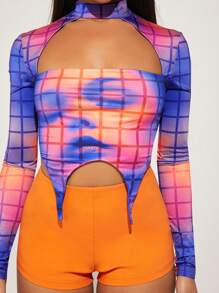 Hauture Karierte Gesichts Grafik Oberteil Mit Ausschnitt - Verschiedenfarbig - Übersicht 3